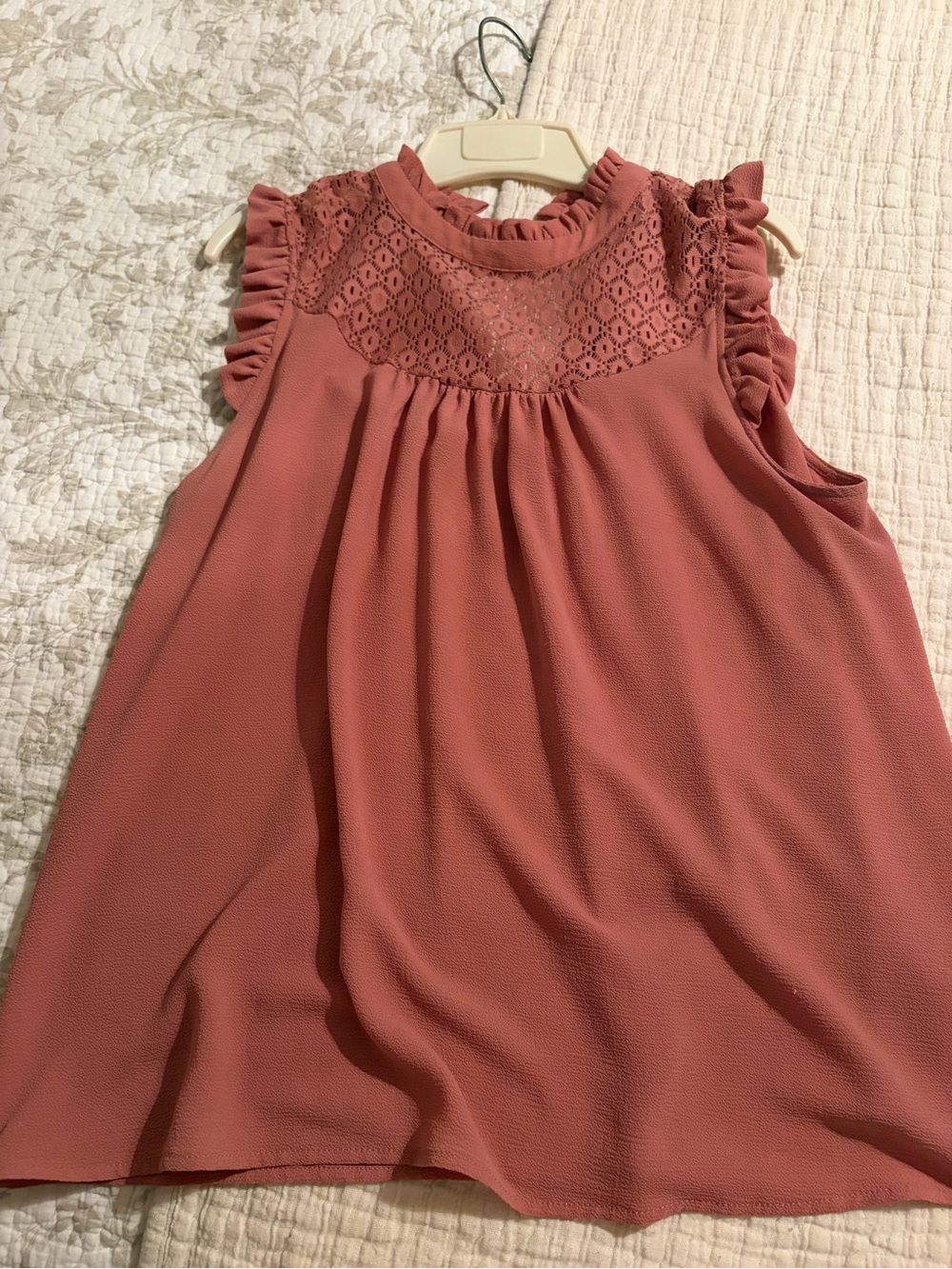 Sleeveless Ruffled Lace Yoke Top - Dusty Rose